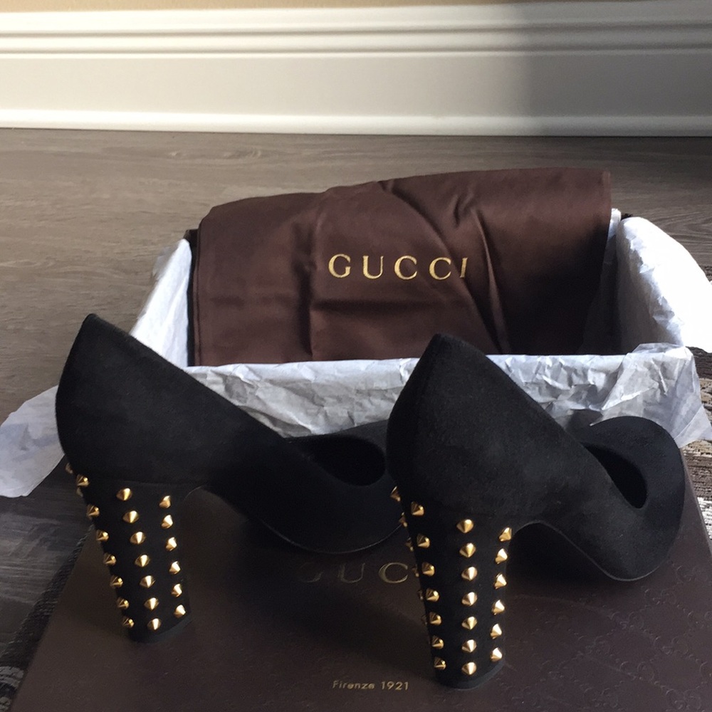 GUCCI Black closed toe Suede gold stud heel.